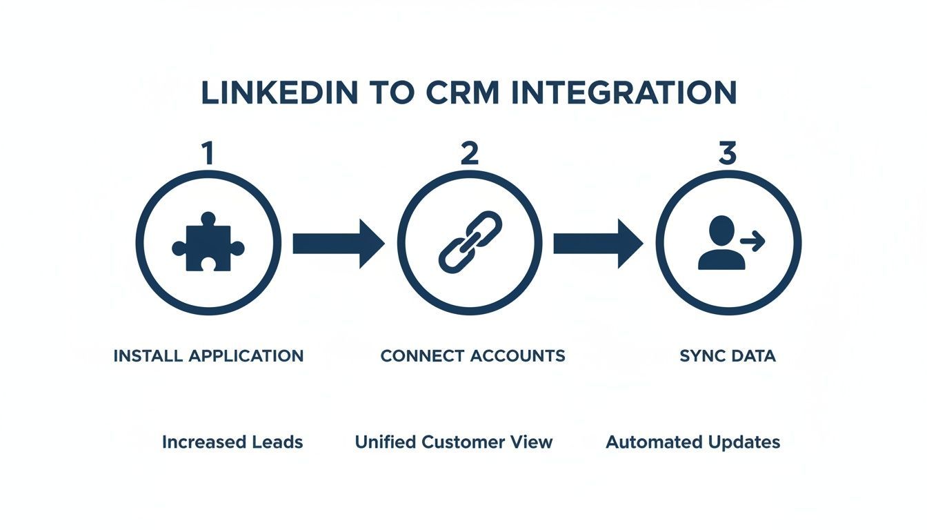 Diagram outlining the three-step LinkedIn to CRM integration process: install application, connect accounts, sync data, and its business benefits.
