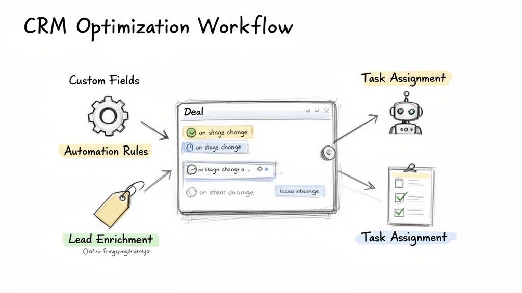 A CRM optimization workflow diagram showing custom fields, automation, lead enrichment, deal stages, and task assignments.