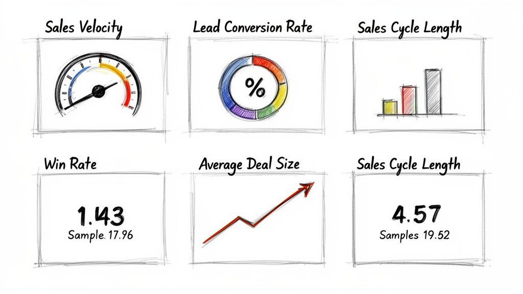 A sales performance dashboard displaying key metrics like velocity, conversion rate, deal size, win rate, and sales cycle length.