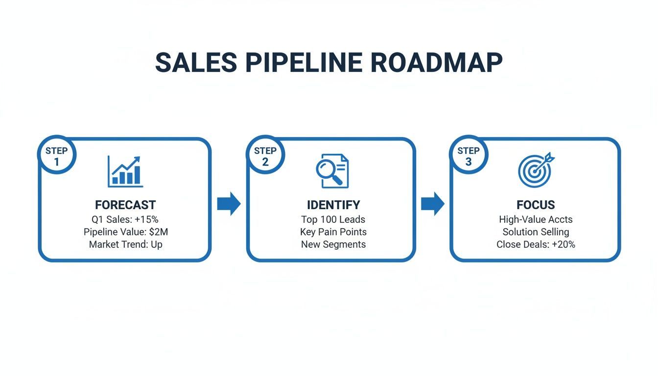 A sales pipeline roadmap infographic detailing three steps: forecast, identify leads, and focus on closing deals.