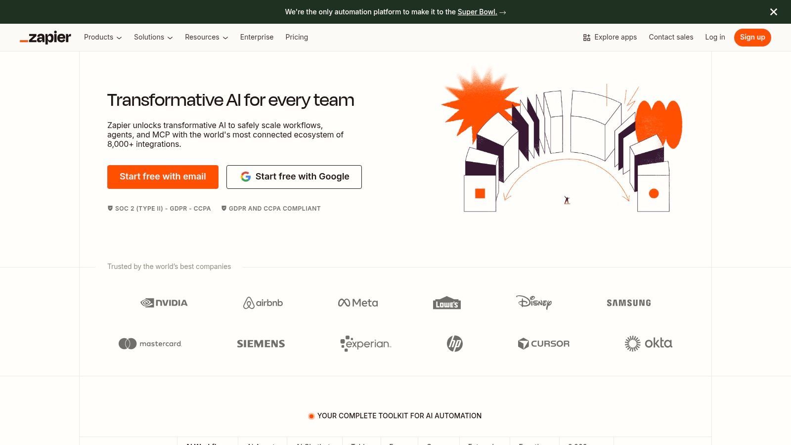 A user interface showing an automated workflow being built with AI assistance, connecting different application icons together to illustrate data entry automation software capabilities.
