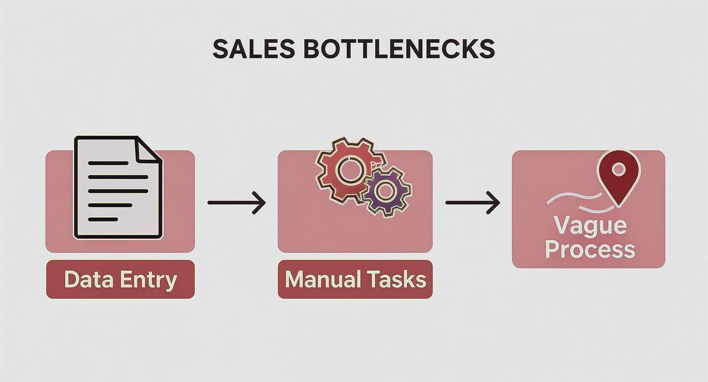 A diagram illustrating common sales bottlenecks: data entry, manual tasks, and vague processes.
