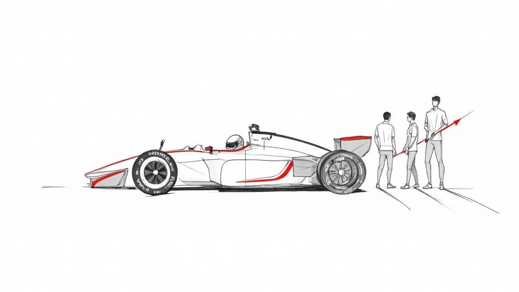 Illustration of a race car and a team pointing an upward red arrow, symbolizing growth.