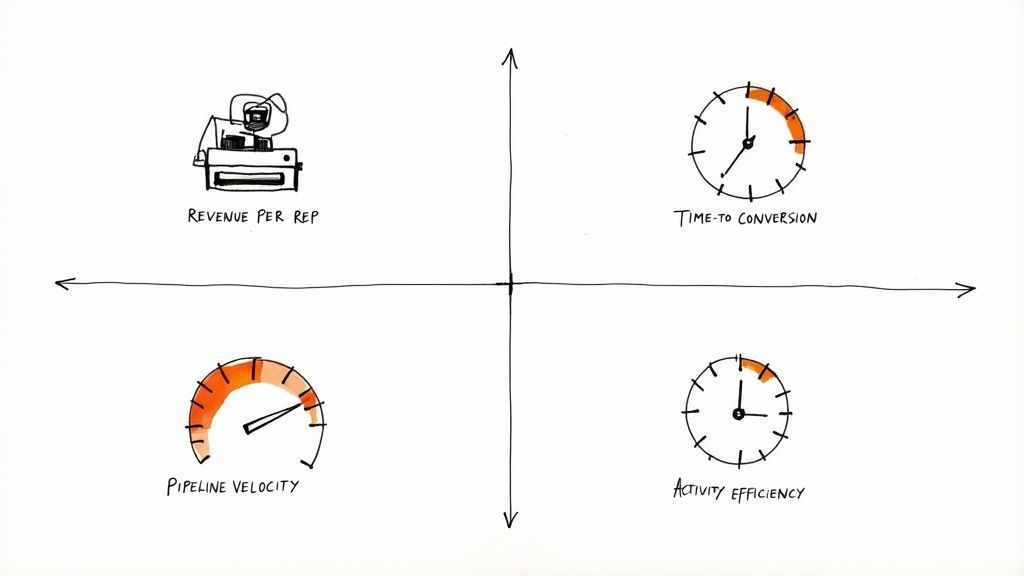 A whiteboard sketch illustrating four key sales metrics: revenue per rep, time-to-conversion, pipeline velocity, and activity efficiency.