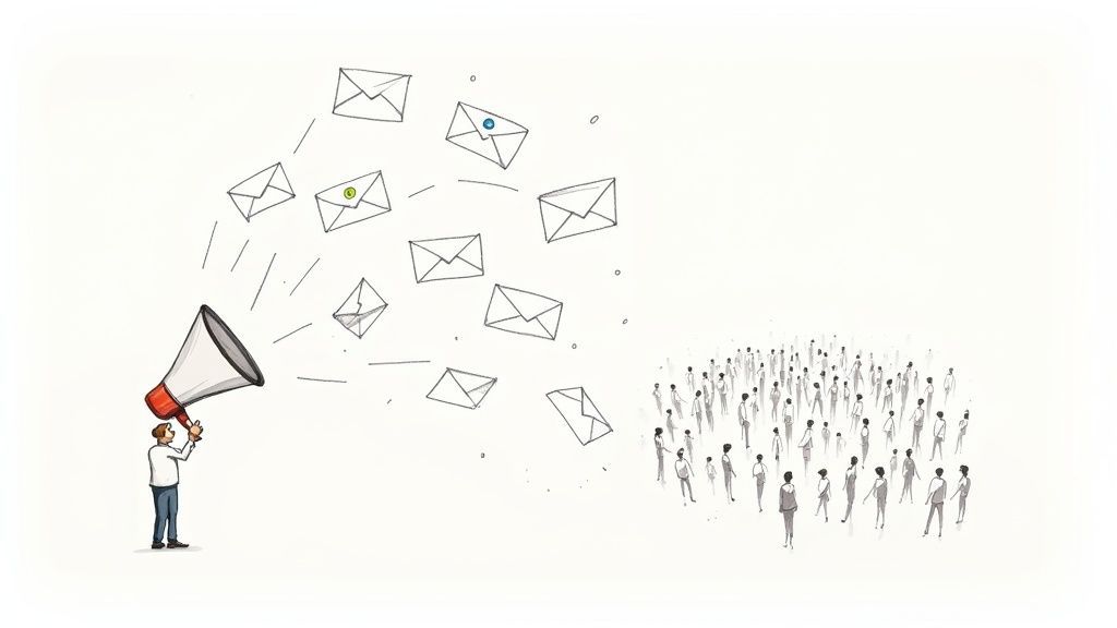 A person uses a megaphone to send emails to a large audience, symbolizing email marketing.