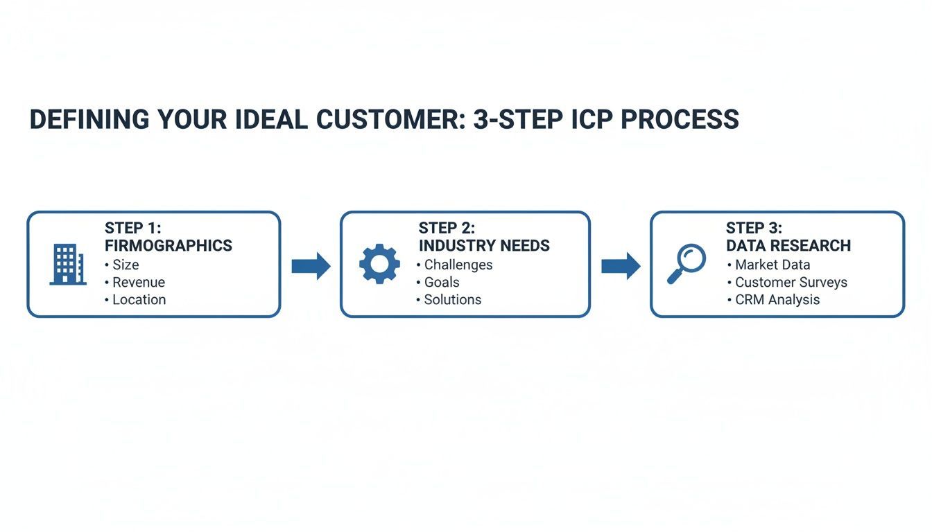 A 3-step ICP process flowchart for defining ideal customers, covering firmographics, industry needs, and data research.
