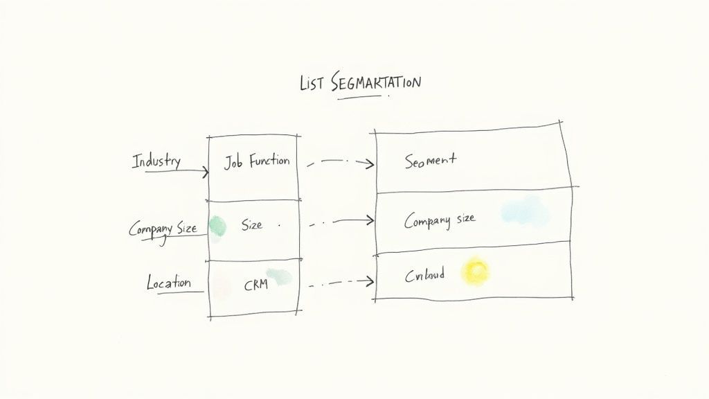 A handwritten diagram illustrating list segmentation, showing inputs like industry and company size leading to defined segments.