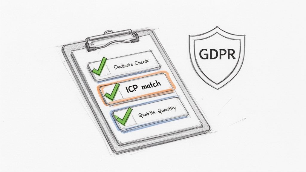 A sketch showing a clipboard checklist with 'ICP match' checked, alongside a GDPR shield.