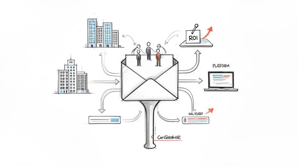 Hand-drawn diagram of email marketing processes, showing connections between companies, people, platforms, and ROI.
