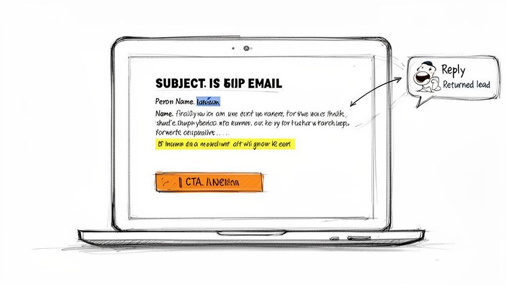 Sketch of a laptop displaying an email with a call to action and a 'Returned lead' reply.