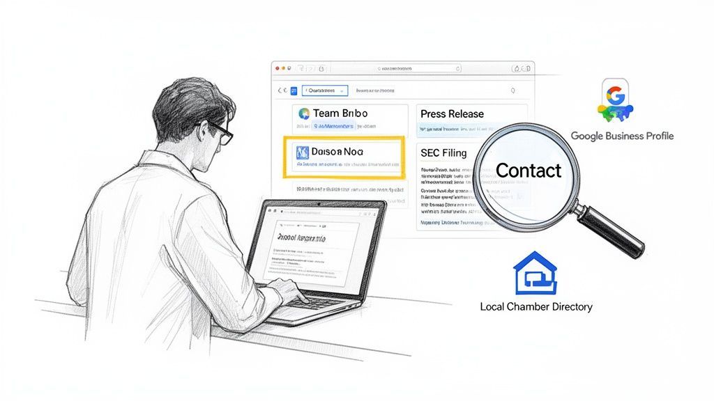 A person searches for business contact information online, using a laptop, magnifying glass, Google Business Profile, and local directory.