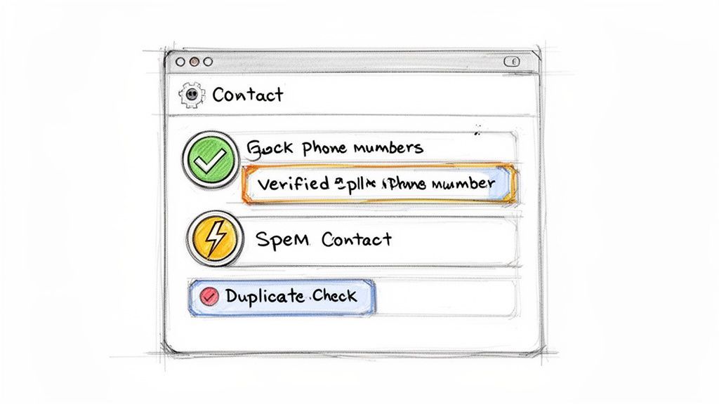 A hand-drawn sketch of a contact management software window with options for phone number verification and duplicate checking.