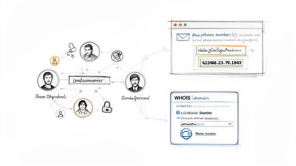 A diagram illustrating people connected to a central entity, with UI sketches for phone number and WHOIS domain search.