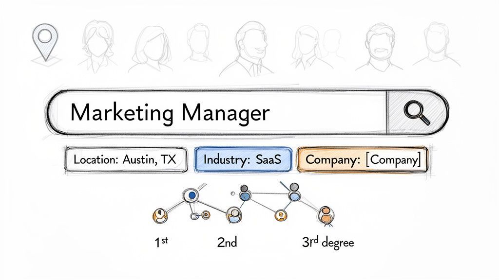 A professional networking search for Marketing Manager in Austin, TX, SaaS industry, showing connections.