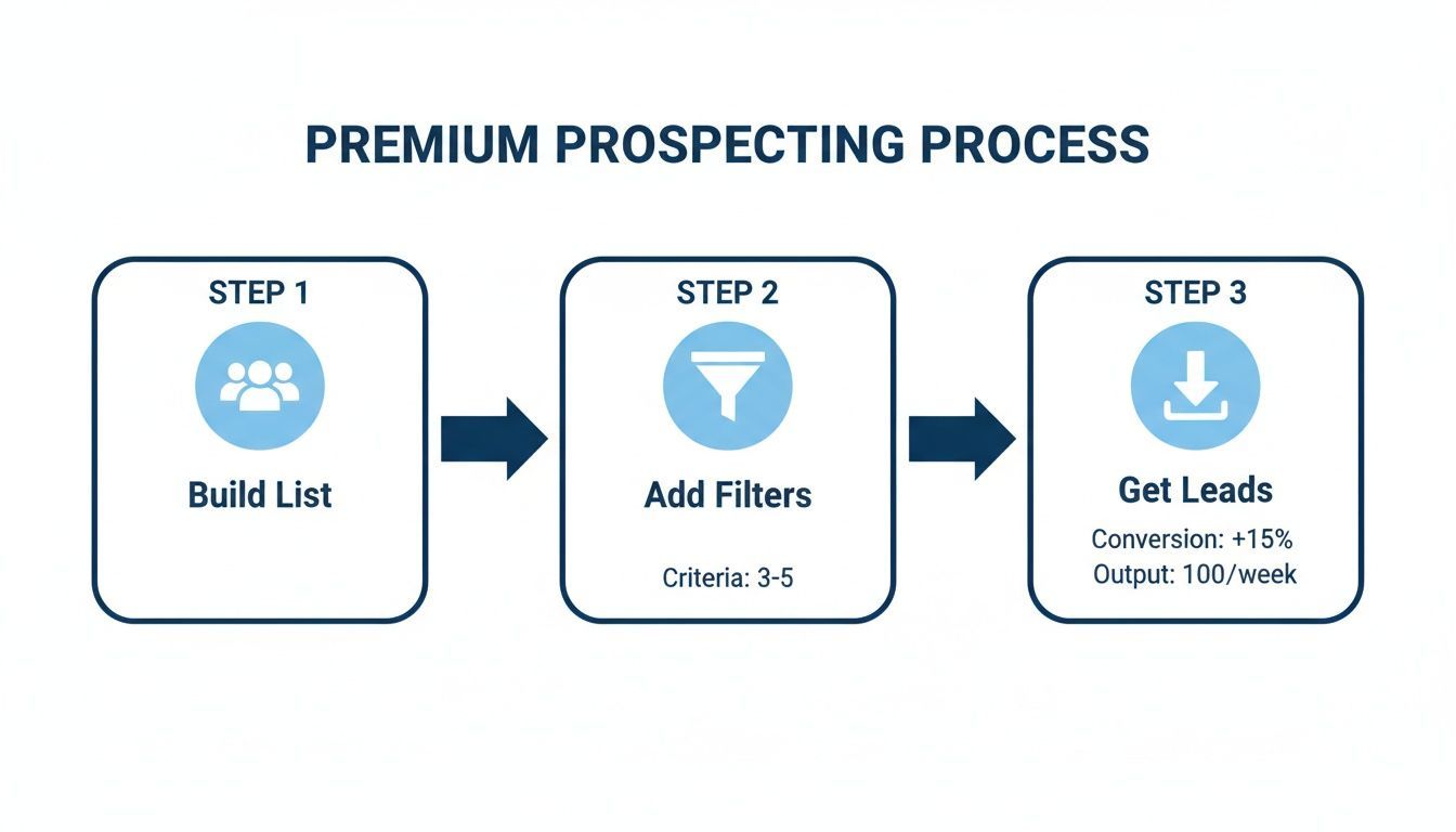 A three-step diagram illustrating a premium prospecting process: Build List, Add Filters, Get Leads.