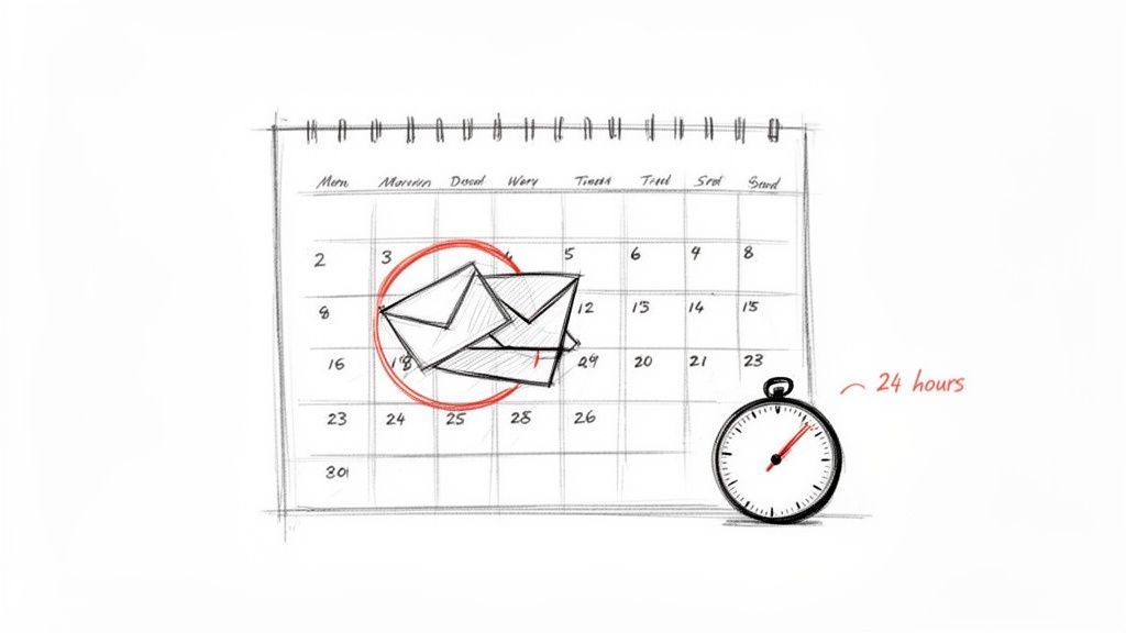 A sketch showing a calendar with emails circled, next to a stopwatch and '24 hours'.