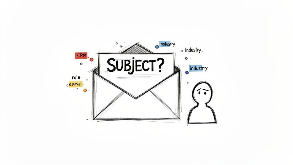 Confused person looking at an email subject line in an envelope, surrounded by related keywords.