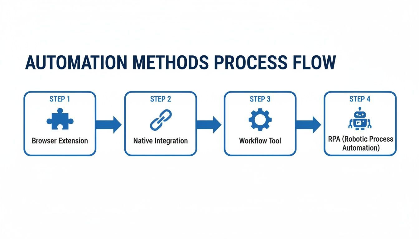 A process flow diagram illustrating four steps of automation methods: Browser Extension, Native Integration, Workflow Tool, and RPA.