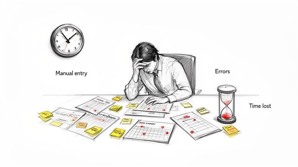 Stressed worker overwhelmed by paper documents and manual data entry, leading to errors and lost time.
