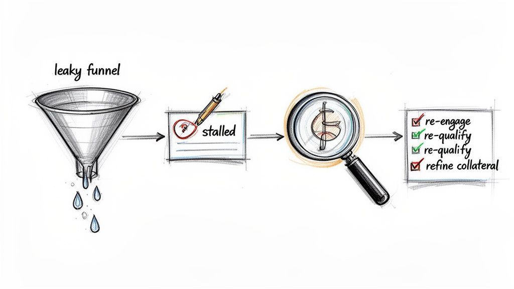 A sales funnel diagram illustrating how to identify and re-engage stalled opportunities to improve conversion.