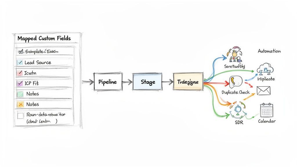 A detailed sales pipeline flowchart showing custom fields, stages, triage, and various post-triage actions.