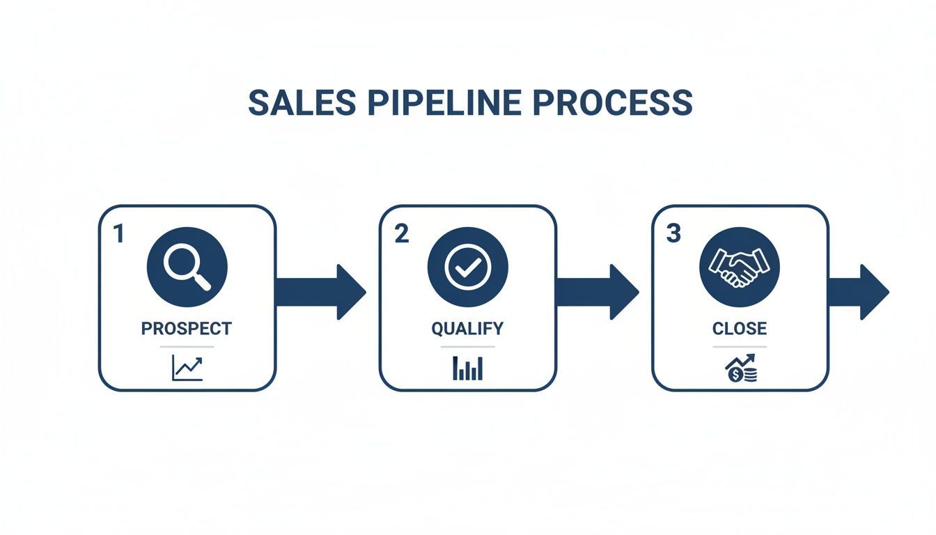 A three-step sales pipeline process flowchart showing prospect, qualify, and close stages with icons.