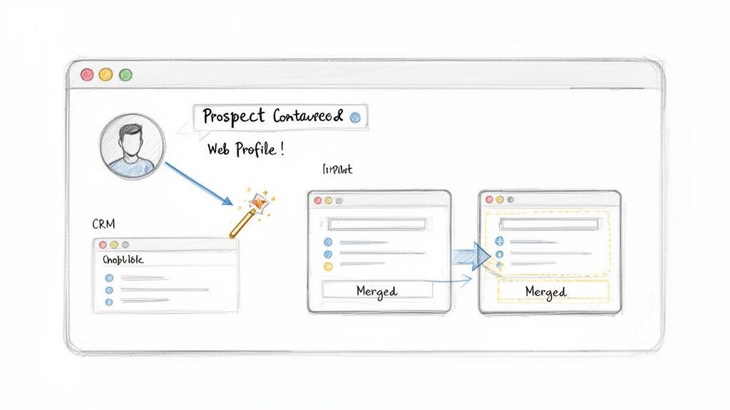 Diagram illustrating a prospect's web profile data being merged into CRM and input systems.
