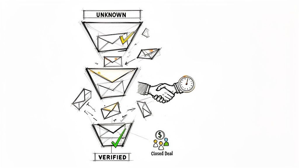An illustration of an email verification funnel, showing emails moving from unknown to verified leads, leading to closed deals.