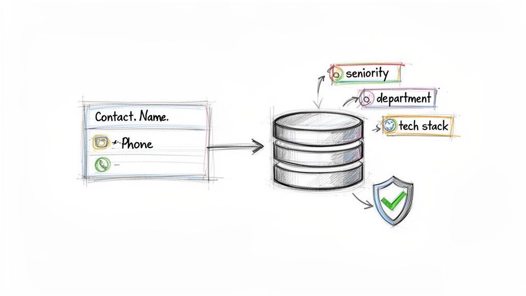 Diagram illustrates contact data (name, phone) processed via database to retrieve attributes (seniority, department, tech stack) with security.