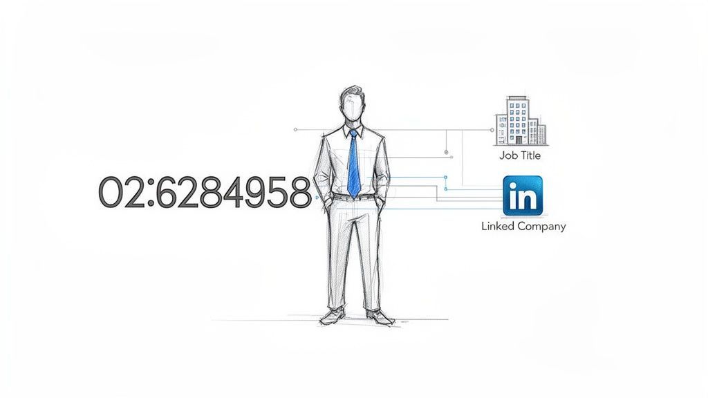 A sketch of a man connected to a phone number, job title, and company information.