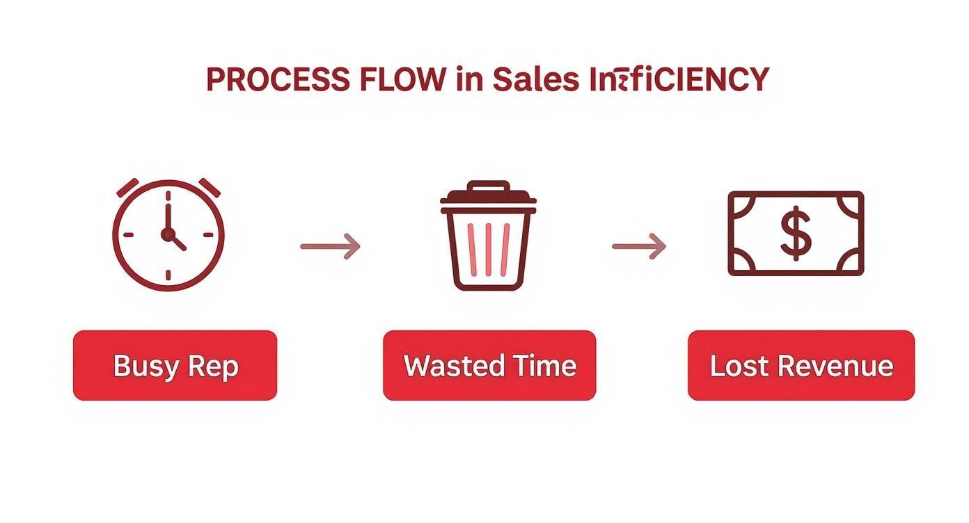 Diagram showing how a busy sales rep leads to wasted time and ultimately lost revenue due to inefficiency.