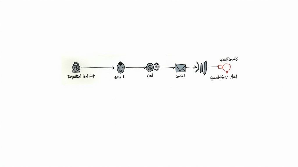A hand-drawn diagram illustrating a sales lead qualification process with steps from lead list to qualified leads.