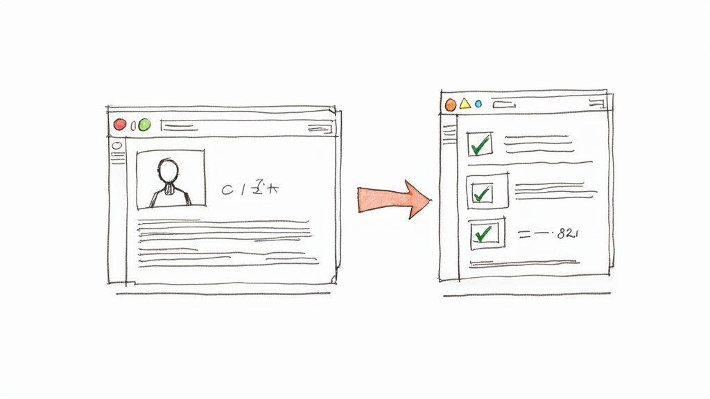 Sketch illustrating a workflow, from an input screen with a profile to an output screen with checked tasks.