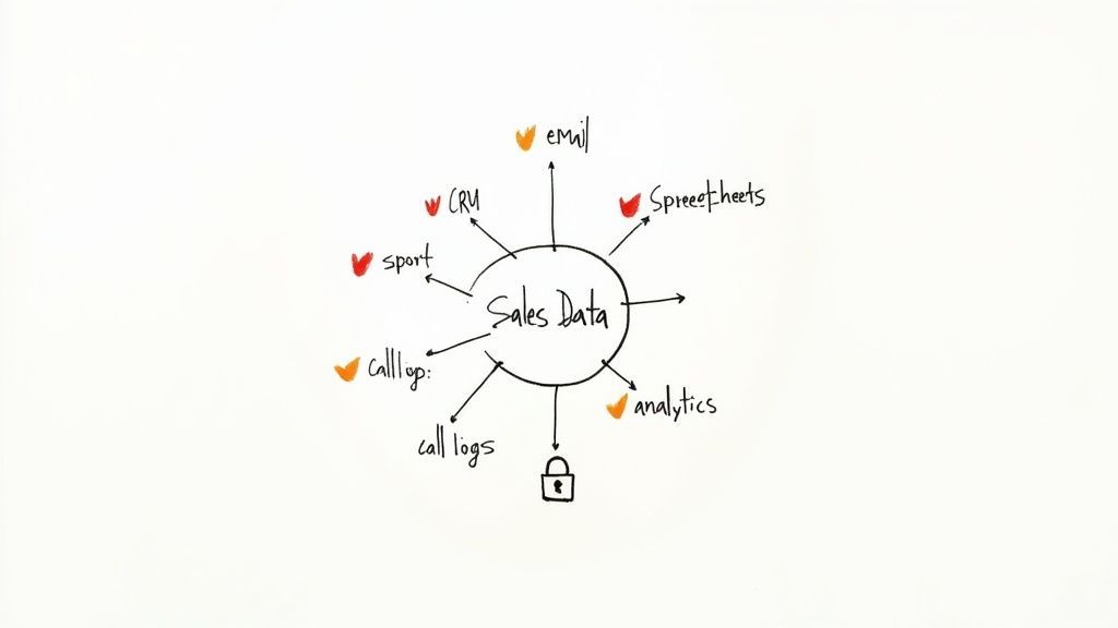A mind map showing sales data sources like email, CRM, spreadsheets, analytics, and call logs.
