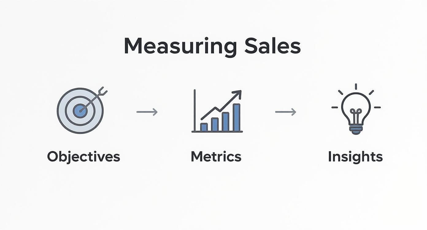 Diagram illustrating the sales measurement process: Objectives, Metrics, and Insights with corresponding icons.