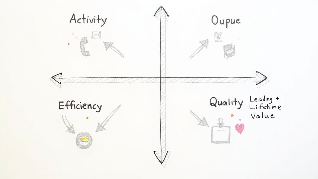 A hand-drawn quadrant chart illustrating business metrics: Activity, Output, Efficiency, and Quality with icons.