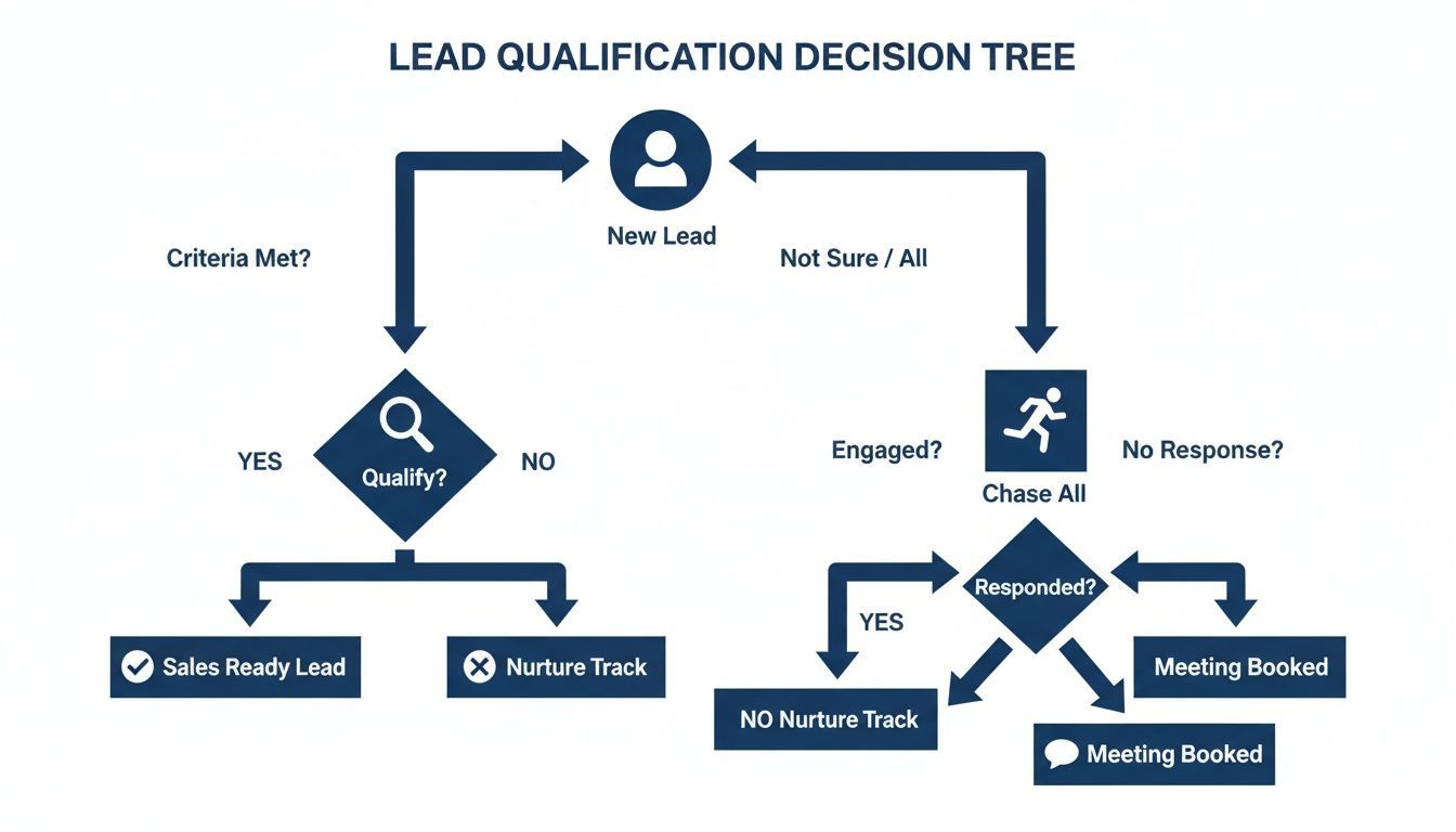 A decision tree flowchart illustrating the lead qualification process, guiding new leads through qualification or chase stages.