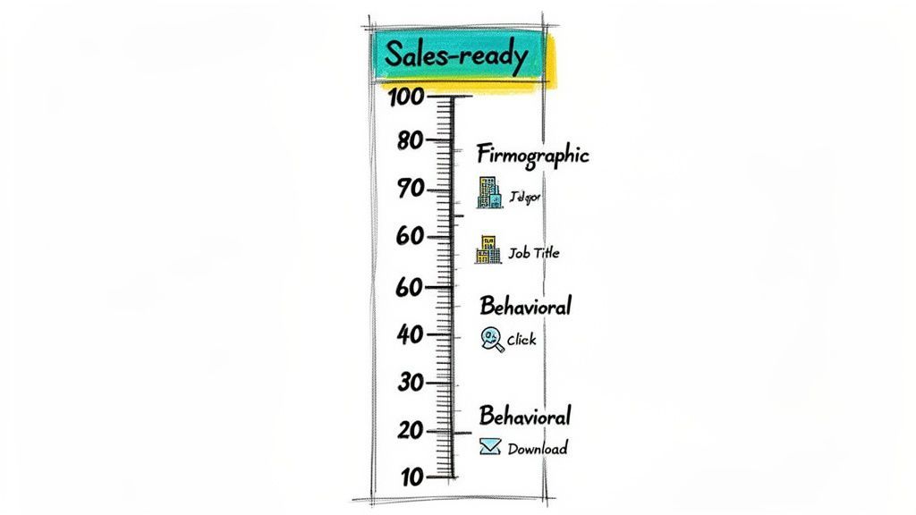 A sales lead qualification scale, illustrating firmographic and behavioral criteria for becoming sales-ready, from 10 to 100 points.