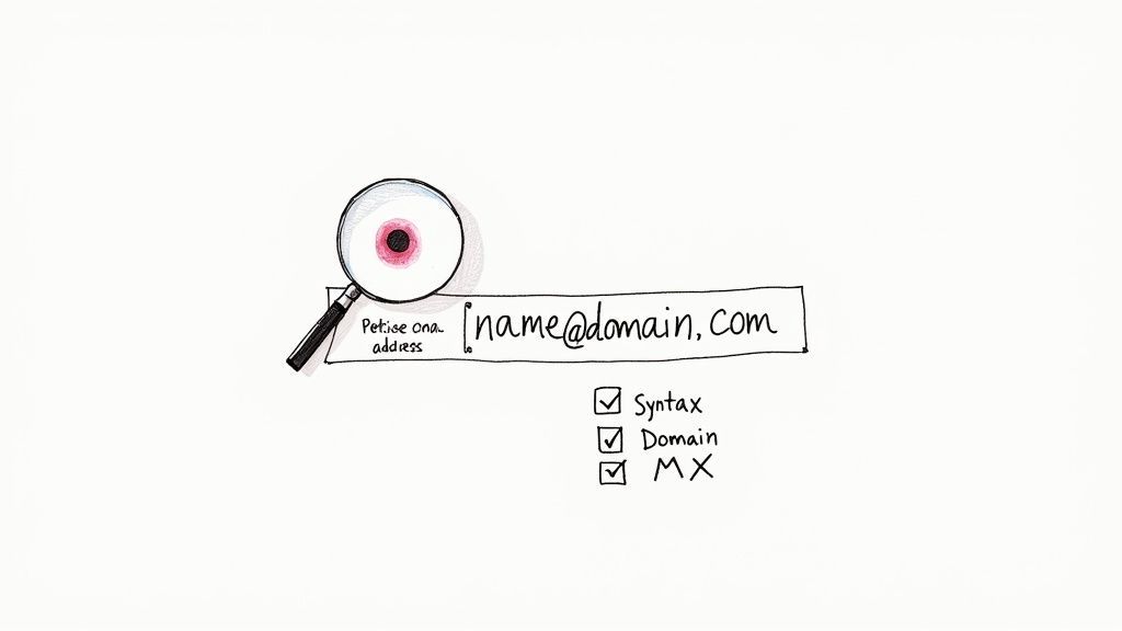 A magnifying glass inspects an email address 'name@domain.com' with checked boxes for syntax, domain, and MX.