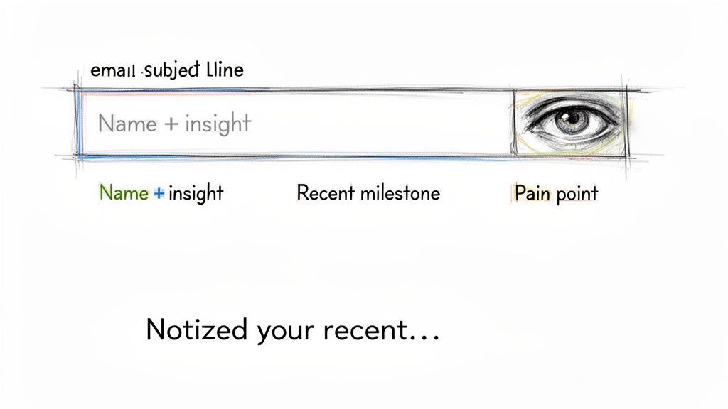 A sketch illustrating cold email subject line and content strategy, emphasizing personalization and insights with an eye graphic.