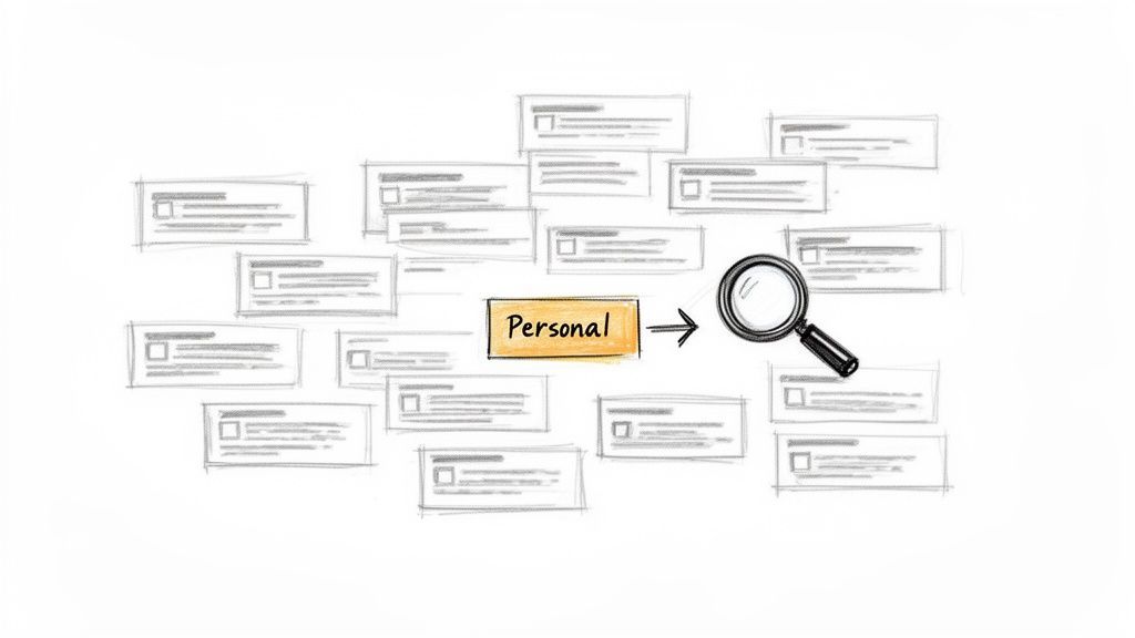 Hand-drawn illustration shows a magnifying glass searching for 'Personal' content among various message snippets.