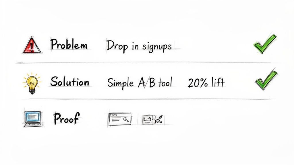 Hand-drawn visual explaining a problem (drop in signups), a solution (A/B tool, 20% lift), and proof.