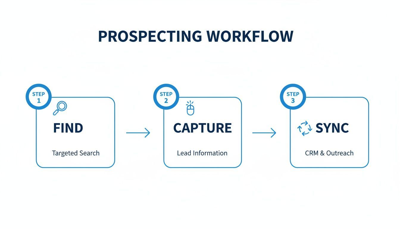 A prospecting workflow diagram showing three steps: Find (targeted search), Capture (lead information), and Sync (CRM & outreach).