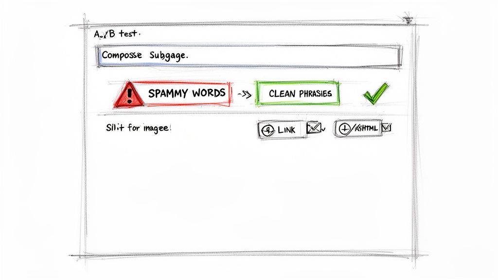 Hand-drawn sketch of an A/B test interface for email content, showing spammy words versus clean phrases.