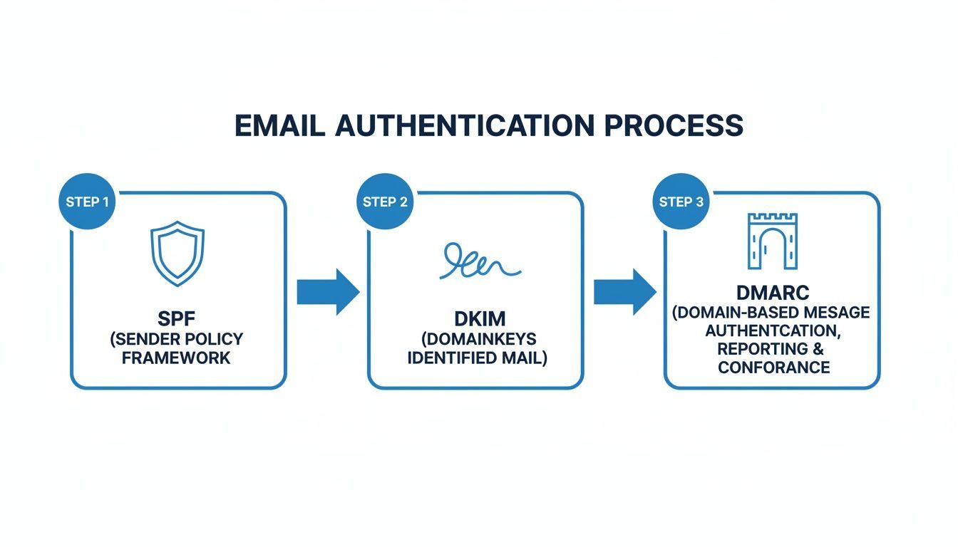 Diagram illustrating the three-step email authentication process: SPF, DKIM, and DMARC protocols.