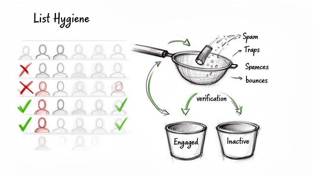 Diagram illustrating email list hygiene process, showing filtering spam and categorizing users into engaged and inactive lists.