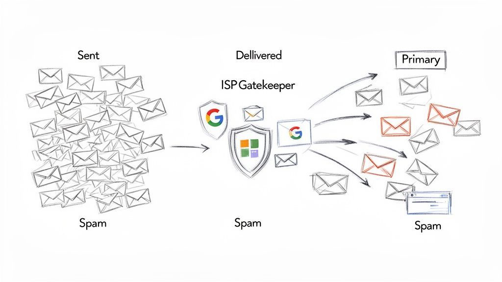 Diagram showing many spam emails sent, filtered by ISP gatekeepers, with few reaching the primary inbox.