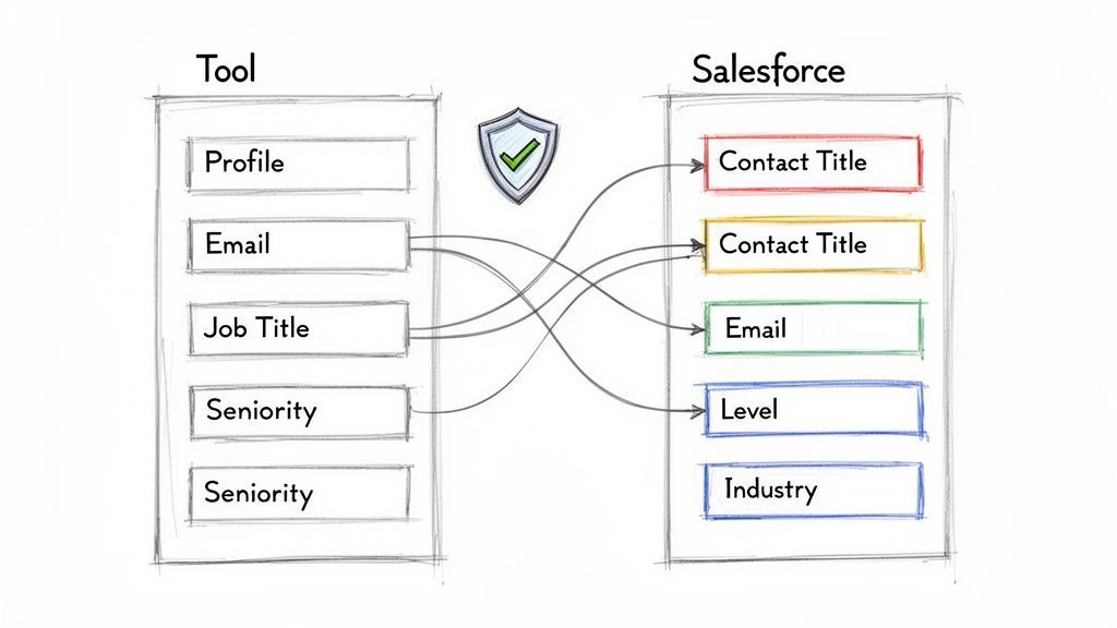Diagram illustrating data field mapping from an external tool to Salesforce, with security shield.