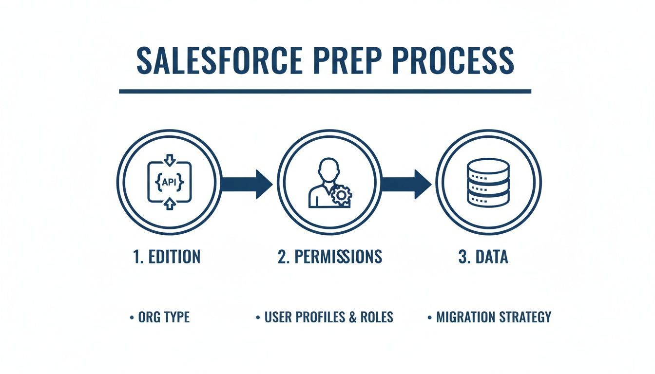 Diagram showing the Salesforce prep process with steps: Edition, Permissions, and Data.
