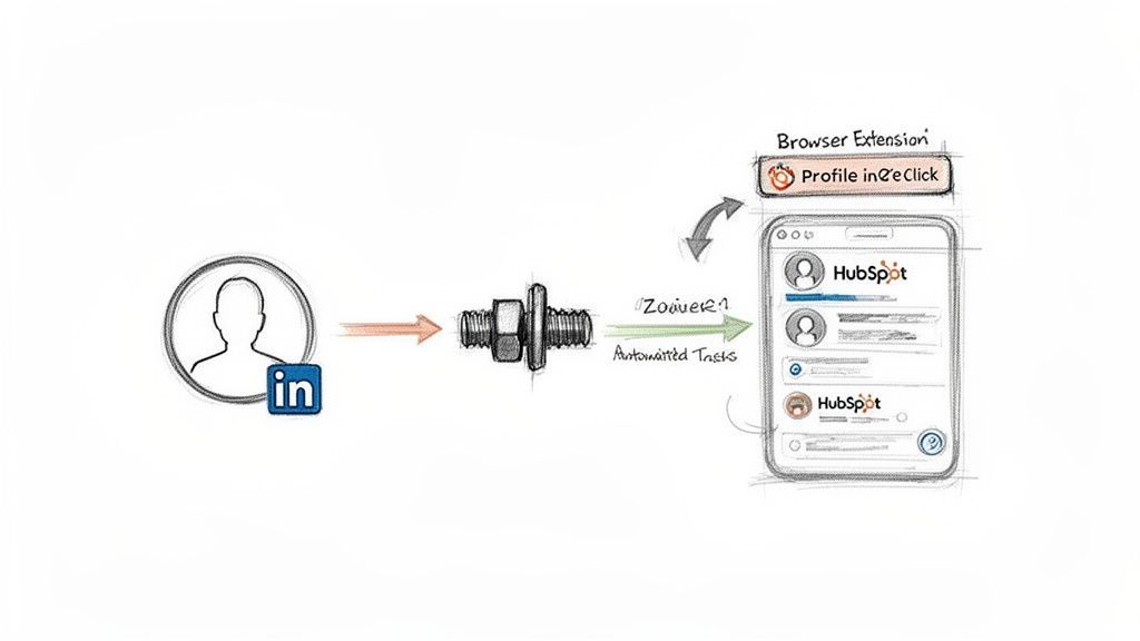 Diagram showing social media profiles being integrated into a CRM via automated tasks and a browser extension.